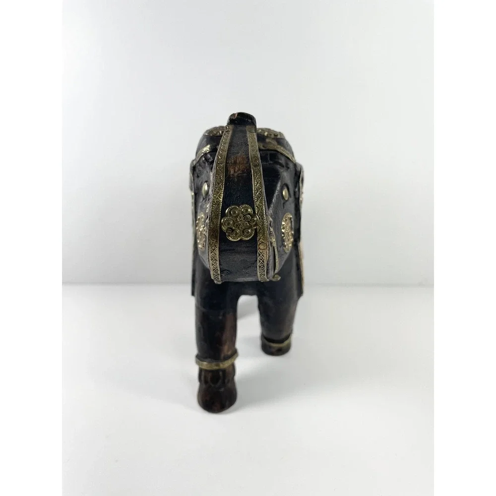 Pier 1 Carved Wooden Elephant Figurine Brass Bovine Bone Inlay Trunk Up India